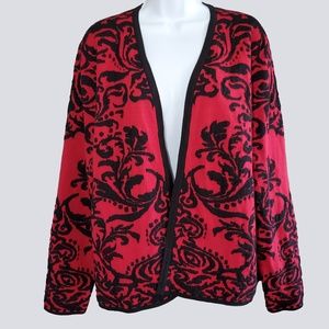 Chicos Textured Red Black Open Front Sweater